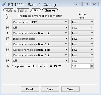1. RG-1000e Customer Programming Software (RG-1000e CPS) 24 The Pins tab defines Radio 1(2) port pings settings. Recommended pins settings are: - pin 3: Output control PTT.
