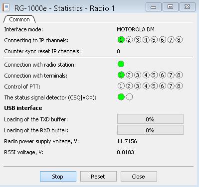 1. RG-1000e Customer Programming Software (RG-1000e CPS) 43 Radio The Radio window contains the reports on the interface operation mode, connected IP channels and other data on operation.