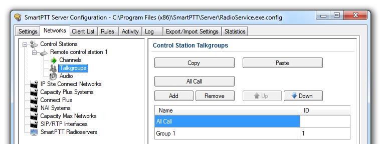 3. SmartPTT Radioserver settings 64 To add a talkgroup, click Add. To add All Call (is used in profiles), click All Calls. To change the order of groups in the list, use the Up and Down arrows.
