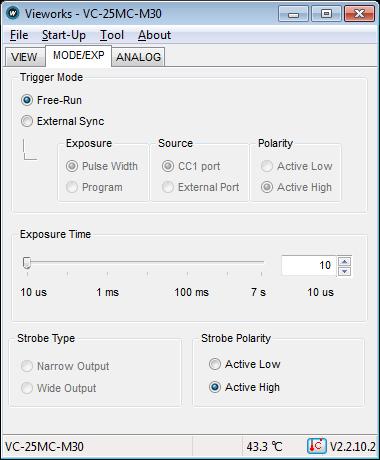 10.3.2 MODE/EXP Tap MODE/EXP tab allows you to select trigger mode, exposure time and strobe. Figure 10.10 MODE/EXP Tab Trigger Mode: Selects trigger mode.