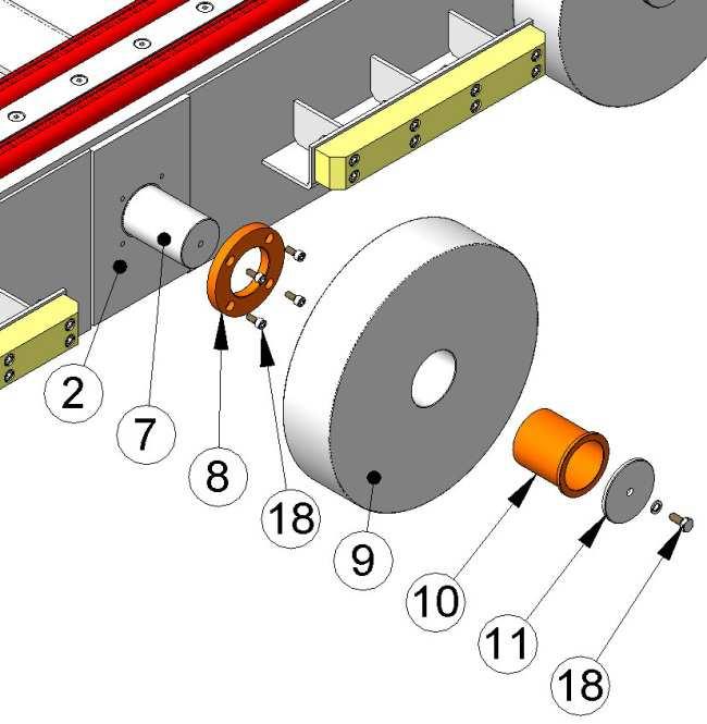8. Loosen and extract the screws (18) which secure the stopper flanges (8) to the stopboard (2). 9. Remove the deteriorated stopper flanges (8) and clean their housing. 10.
