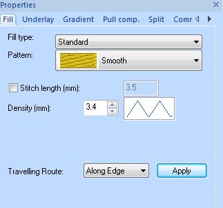 In the Properties field change the Density setting to 3.4. Next, select the Orange leaf section. Click on Apply Stitches and select Loose Fill. Change the Density to 3.4 as on the yellow leaf.