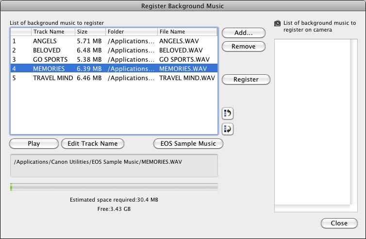 Adding EOS Sample Music Click the [EOS Sample Music] button. The EOS Sample Music on your computer is added to [List of background music to register].