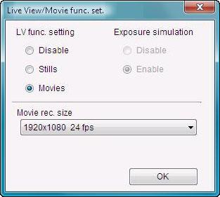 shooting. Follow the procedure from step to step for Live View (p.). Click [Live View/Movie func. set.]. The [Live View/Movie func. set.] window appears. Select [Movies] for [LV func.