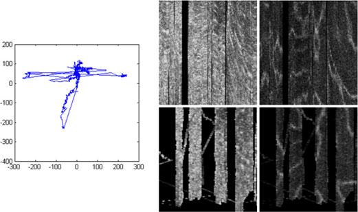 Columns, left to right: original dataset, movement track, volume with motion artifacts, corrected dataset, absolute value of error (original minus corrected). to the middle column.