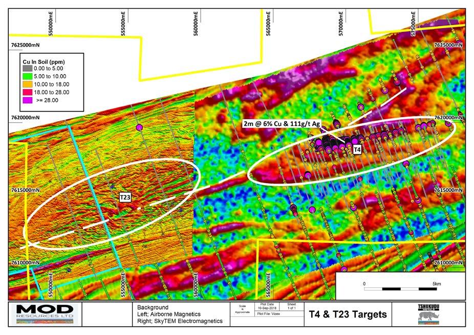 EMP area in yellow Figure 2: EM imagery highlighting soil anomalies and drill hole at T4 and