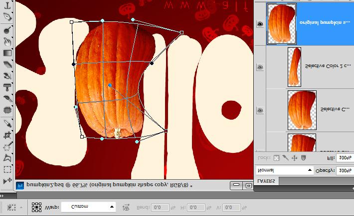 In order to make pumpkin shape closer to the letter shape under it, choose Edit/Free Transform/Warp.