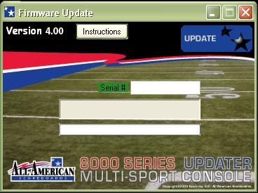 8.0 Firmware Update Updating the Console Firmware. (CONSOLE FIRMWARE VERSION 4.00 OR GREATER ONLY) Periodically, an update to the console firmware is released from All American Scoreboards.