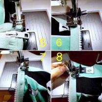 Image 3: Use fabric glue on the zippers right/front side. Image 4, Pin the zipper in place on both sides.