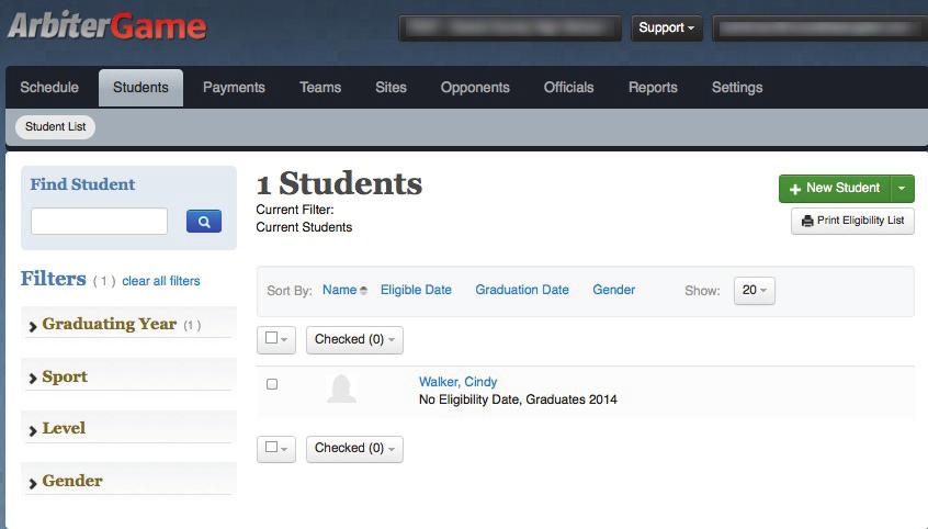 The next tabs are Students, Payments, Teams, Sites, Opponents, Officials, Reports, and Settings.