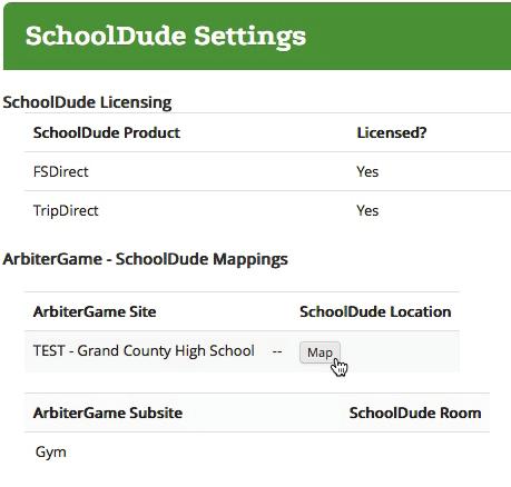 v The SchoolDude Settings screen displays, where you will be able to link both sites and sub sites.