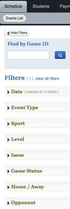 Game Day: Managing Game Data Filtering the Events List You may use Events List filters from any view.