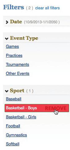 For example, if you select softball and baseball under the Sport filter, then you see all softball and baseball events.