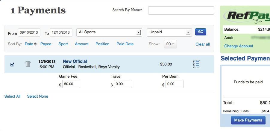 uclick the Payments tab. The screen illustrates that there is an official that needs to be paid. v Click the List icon to view the details for each official.