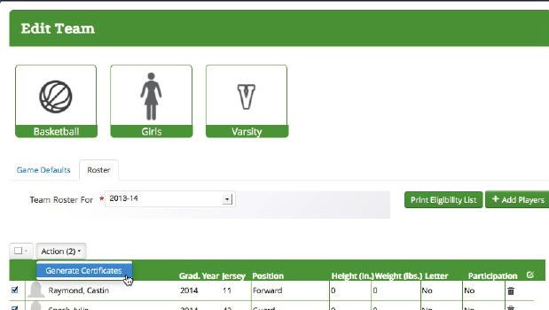 u Select the team for which you want to print a certificate. v The Edit Team screen displays. Click the Roster tab.