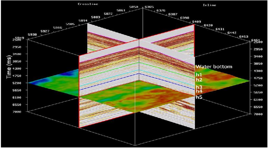 Five horizons are picked for inversion. The amplitude ratio map of the fifth event is shown. Data courtesy of Murphy Oil Corp.