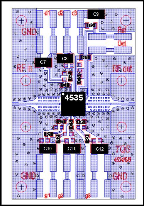 TGA4-SM Evaluation Board Layout Board material is Rogers Corp. 4003 0.008 thickness with ½ oz copper cladding. For further technical information, refer to the TGA434-SM Product Information page.