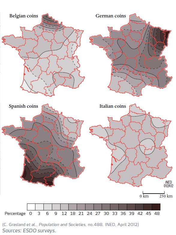 neighbours in the total quantity of foreign coins present in France in December 2011 and plotted their smoothed distribution on a series of maps (Figure 5).