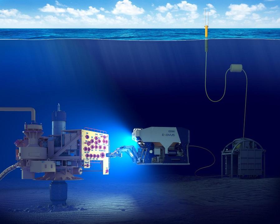 Empowered ROV concept E-RO V Work class ROV with battery package and communication buoy concept developed by Equinor E-ROV Pilot: used in 20 17 on Troll and Tune E-ROV