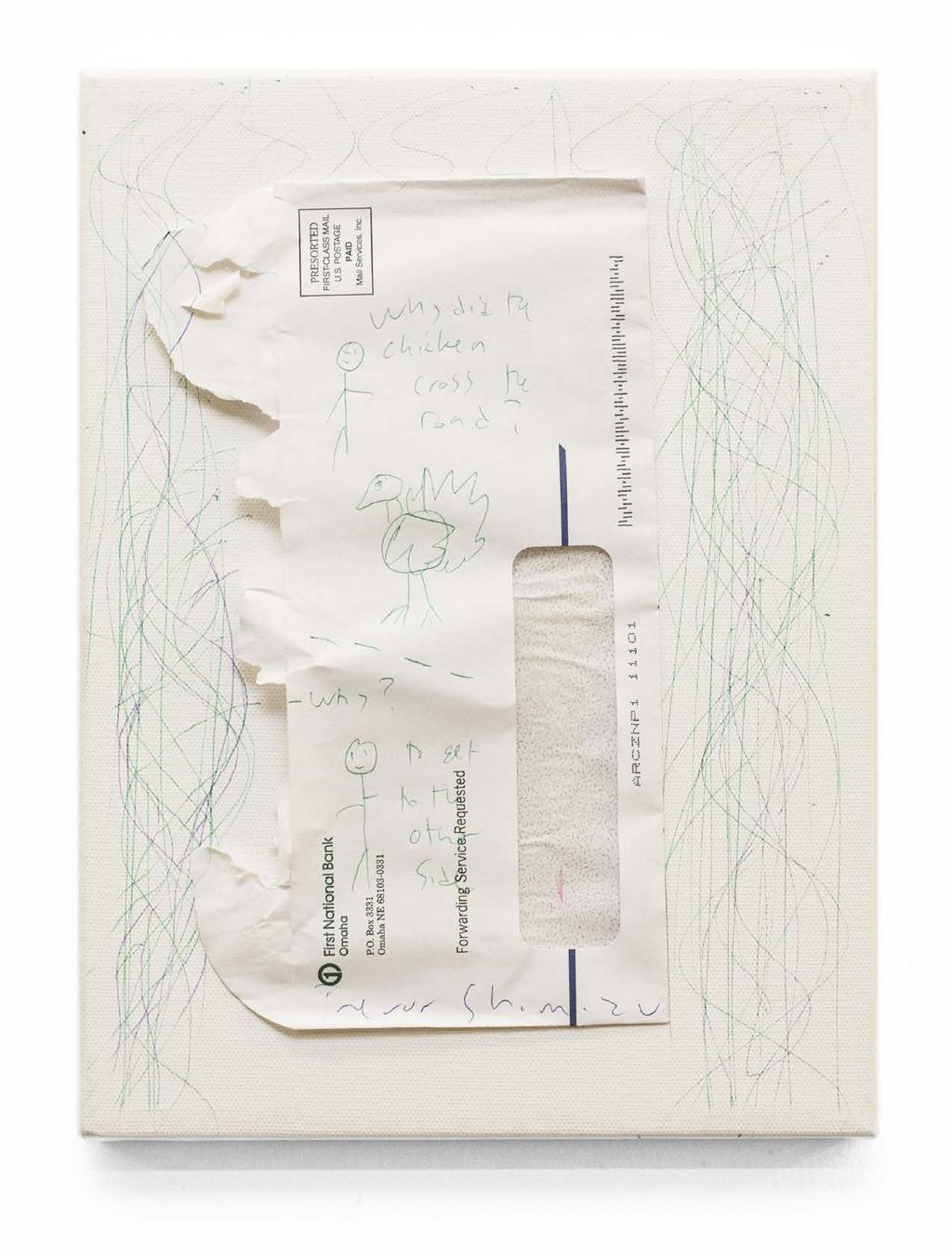 Trevor Shimizu Knock knock #2, 2015 pen, envelope, canvas.