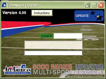 6.0 Firmware Update Updating the Console Firmware. (CONSOLE FIRMWARE VERSION 4.00 OR GREATER ONLY) Periodically, an update to the console firmware is released from All American Scoreboards.