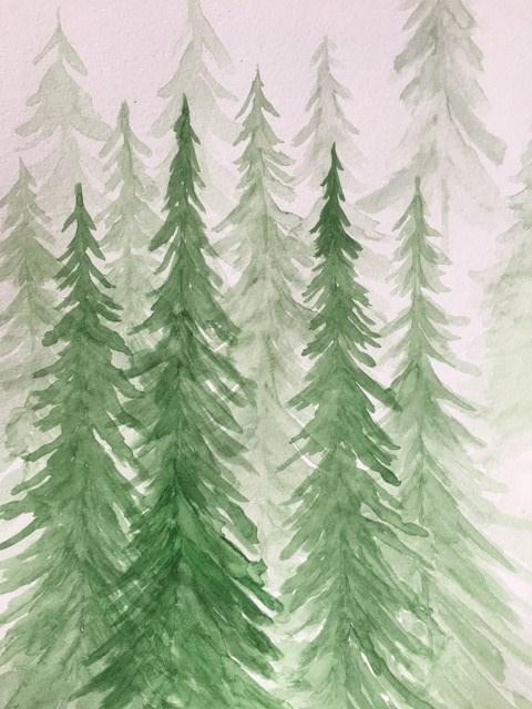 Water Color Pine Trees: Give watercolor painting a try with this winter pine tree scene.