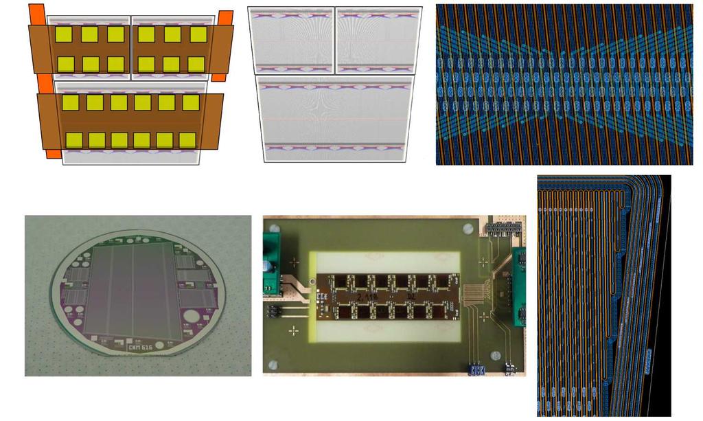 Figure 11: Petalet and components. Petalet configuration (top left and top center), the sensors (bottom left) include embedded fanins (top right) and truncated strips at the edges (bottom right).