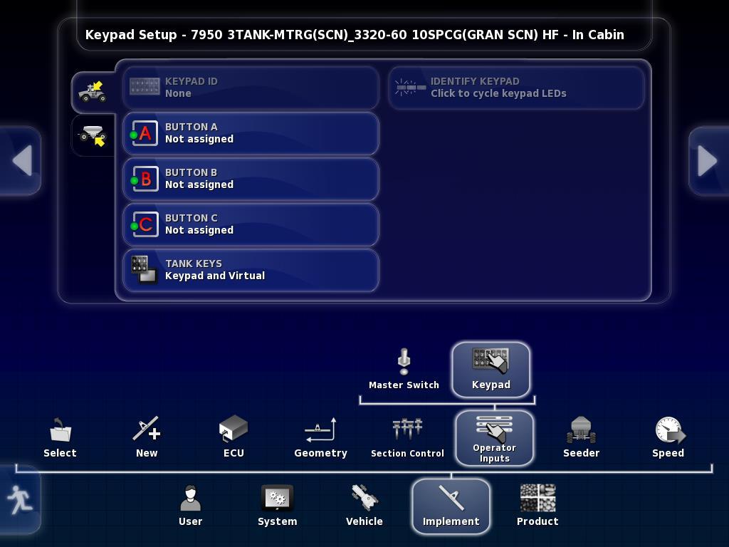 KEYPAD This menu option will allow you to identify and assign the right in-cab and on-frame switchbox, assign functions to the buttons that have no functions assigned to