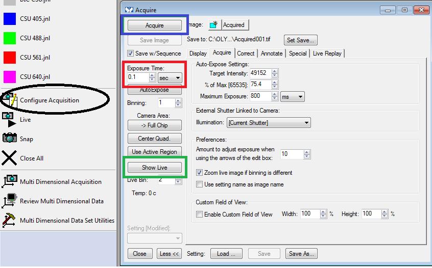 Configure acquisition: You can quickly acquire an image by using the configure acquisition tab (highlighted in black circle).