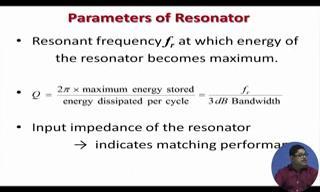 (Refer Slide Time: 04:34) Now, what are the parameters of a resonance circuit of the resonator; obviously, the resonant frequency fr at which energy of resonator becomes maximum Then also there is Q
