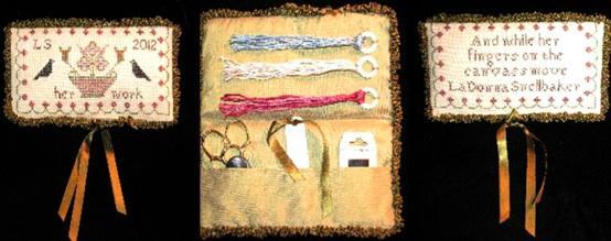 Needleminder as well as the accompanying accessory pieces (emery cushion, built-in scissor sheath, fob, and wool carrot needlekeep made