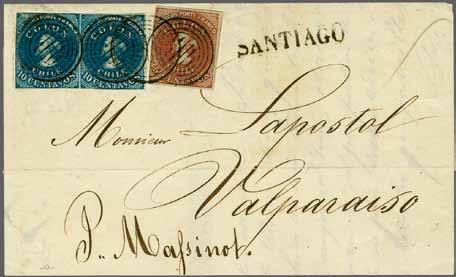red-brown on blued paper, a single example just shaved in left margin but with large margins on three sides and portion of adjoining stamp at right, used on 1853 second sheet of cover to Valparaiso