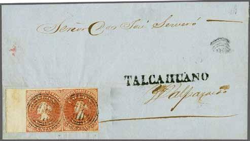 Copiapo to Valparaiso endorsed 'por el Vapor', tied by light strikes of target handstamps in black. COPIAPO cds below (Aug 19) in black. A fine and scarce multiple on letter. Cert. RPSL (1994) Gi.
