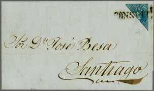 right not into the design, used on 1855 cover from Santiago to Valparaiso at 2 ounce rate tied by six barred target handstamps in black. SANTIAGO despatch cds in red at right (March 3).