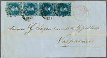 1855 cover from Santiago to Valparaiso; cancelled by straight line FRANCA in red and by target handstamps in black.
