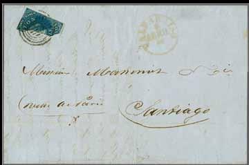 deep blue, a matched pair of roughly separated vertically bisected usages on entire letters (2) to the same addressee in Santiago, with March 31, 1855 entire letter