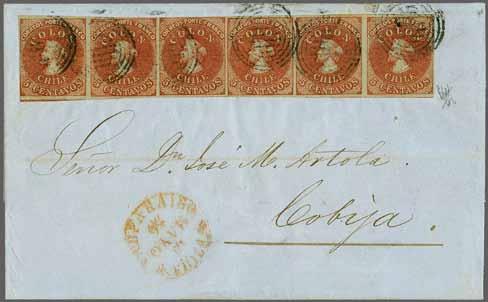 handstamp in black with fine strike of QUILLOTA despatch handstamp in red above. A few wormholes in cover but scarce.