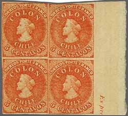 8+ 4 6 1'500 ( 1'350) 1857/62, Printing by the Chilean Post Office in Santiago, 5 Centavos 'Estancos' 5112 5113 5112 5113 5 c. red, wmk. pos.