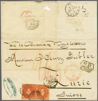 vermilion, two single examples with large to just touched margins, used on 1862 cover from Santiago to Zurich, Switzerland endorsed 'Voie de Panama et d'angleterre' tied by 'Cancelled' obliterators