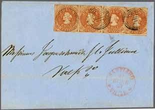dull reddish brown, a horizontal strip of four with large margins all round, used on 1859 cover from Valparaiso to Lima, Peru tied by target handstamps in black with VALPARAISO cds in red (Nov 1)