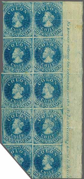 228 Corinphila Auction 26 November 2018 69 1856/61, Printing by the Chilean Post Office in Santiago, 10 Centavos 'Estancos' 5122 5122 10 c. sky blue, wmk. pos.