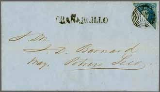 deep blue, clear impression, a diagonally bisected example, lower left half with large margins, used on entire letter internally dated January 28, 1861 to Chillan tied by six barred target handstamp