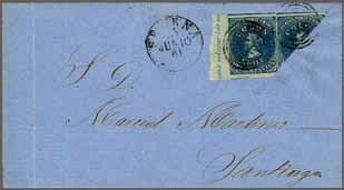 pale blue / bluish, strip of three in a blurred impression, with clear to large margins all round and first stamp diagonally bisected, used on 1860 cover to Valparaiso paying the 1 ounce rate + Sea