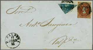red-brown on blued paper, margin close at right but large on three sides, tied to 1855 cover from Caldera to Valparaiso by two strikes of the target handstamp in black. P.