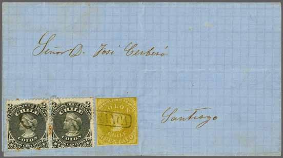 black vertical pair each tied by 'Cancelled' obliterators in black. TALCA despatch datestamp in black above (Dec 5). An extremely rare mixed issue franking. Cert. Corinphila (1996).