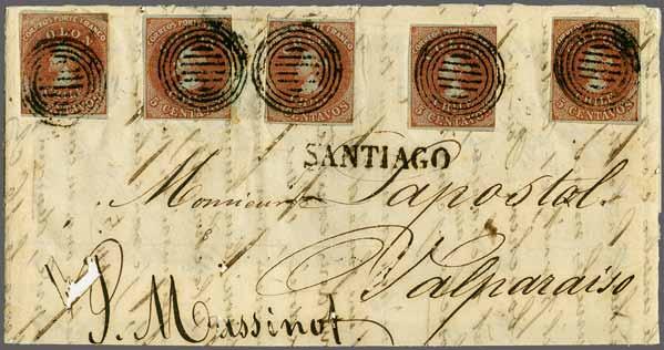 handstamps in black with 'Valparaiso' cds in red at right (March 1).