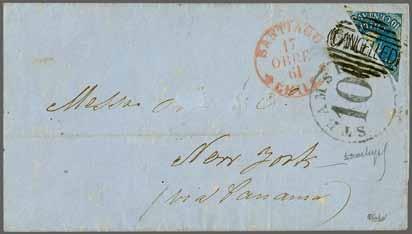 other sides and portions of adjoining stamps at top but with surface scrape on sixth stamp and creased, used on 1865 entire letter from Valparaiso to Coquimbo tied by 'Cancelled' obliterator