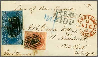 86 228 Corinphila Auction 26 November 2018 5158 5158 10 c. pale blue on blued, a fine four margin example with portion of adjoining stamp at right used with Estancos 1857/65 5 c.