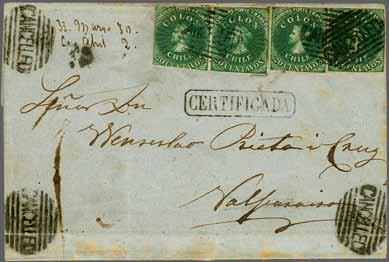 VALPARAISO despatch cds at left (March 27) in red. A charming example of this rare stamp on letter. Cert. BPA (1988).