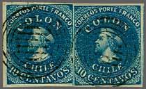 pos. 1, a superb used horizontal pair with large margins all round and showing the two stamps squeezed together (left hand stamp's watermark narrower - 10 mm. - right hand stamp 11 mm.